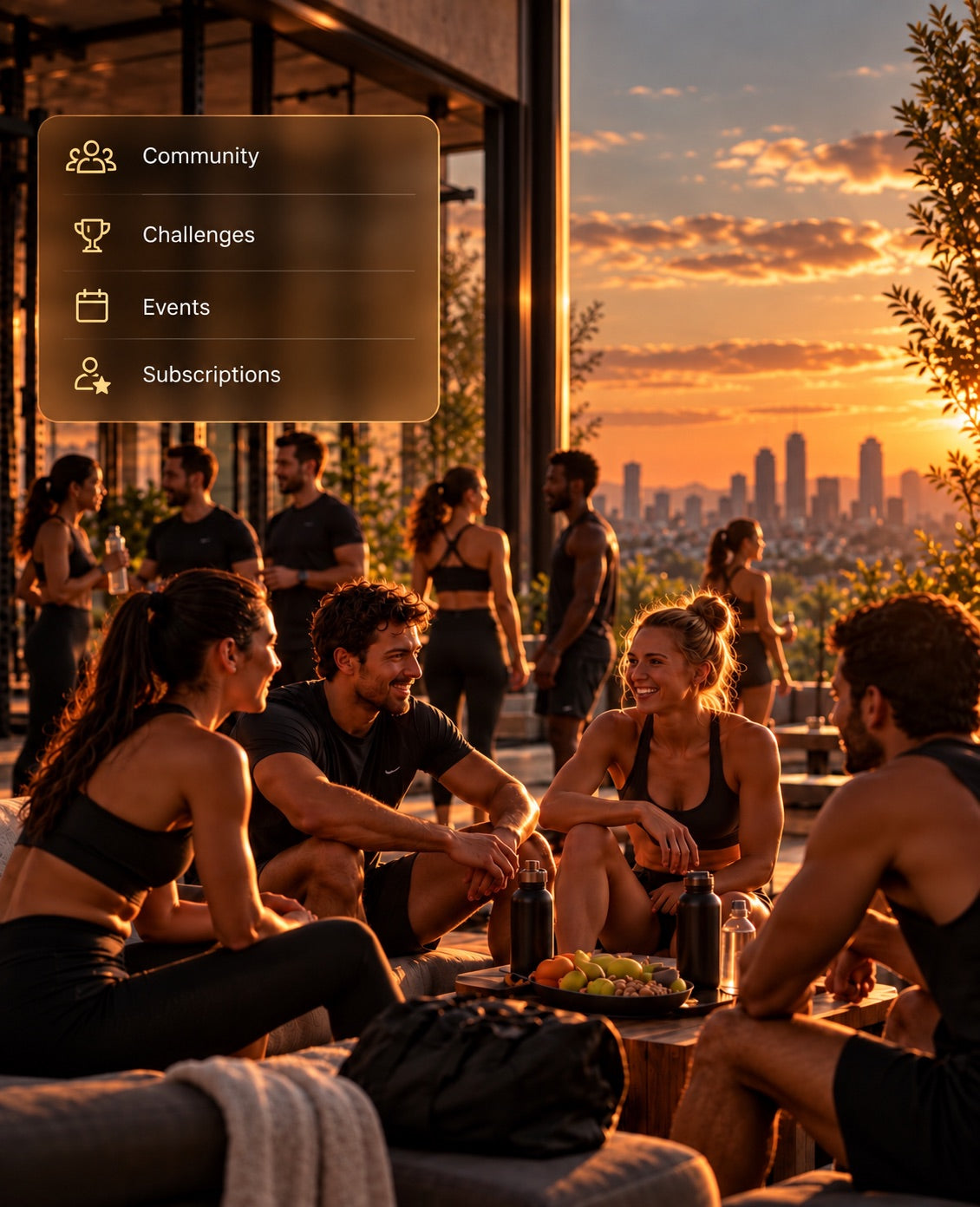 People in workout clothes talking on a rooftop at sunset, with a Nara community overlay