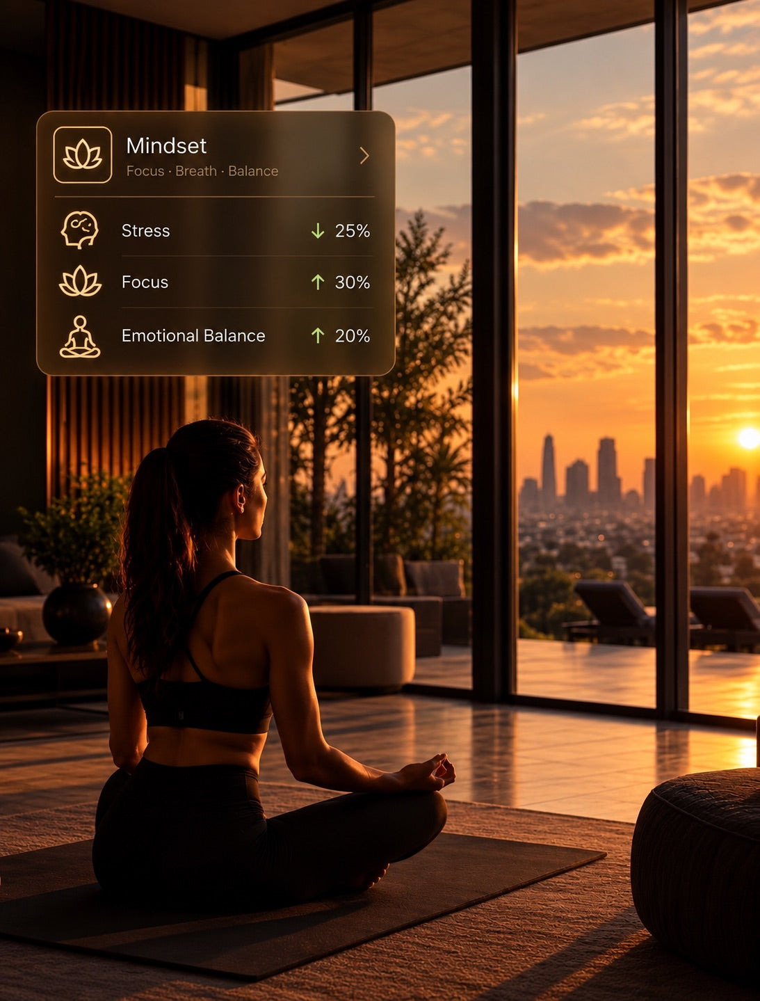 Woman meditating on a yoga mat at sunset, with a Nara mindset overlay
