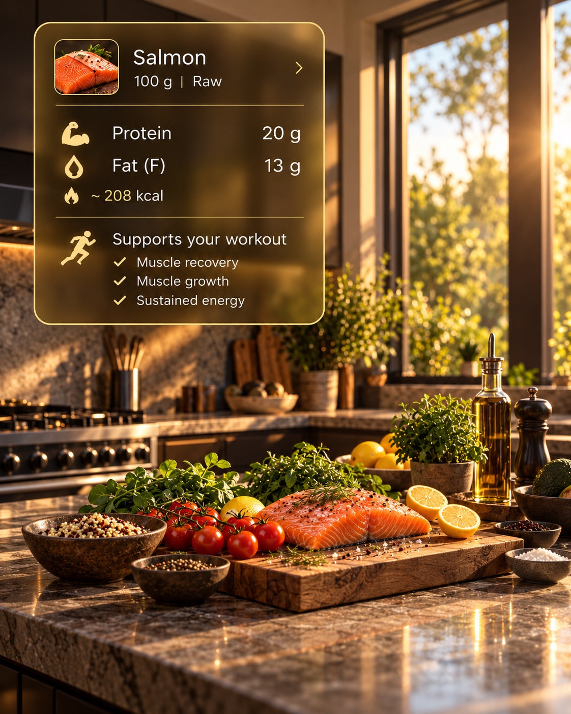 Salmon and fresh ingredients on a kitchen counter, with a Nara nutrition overlay