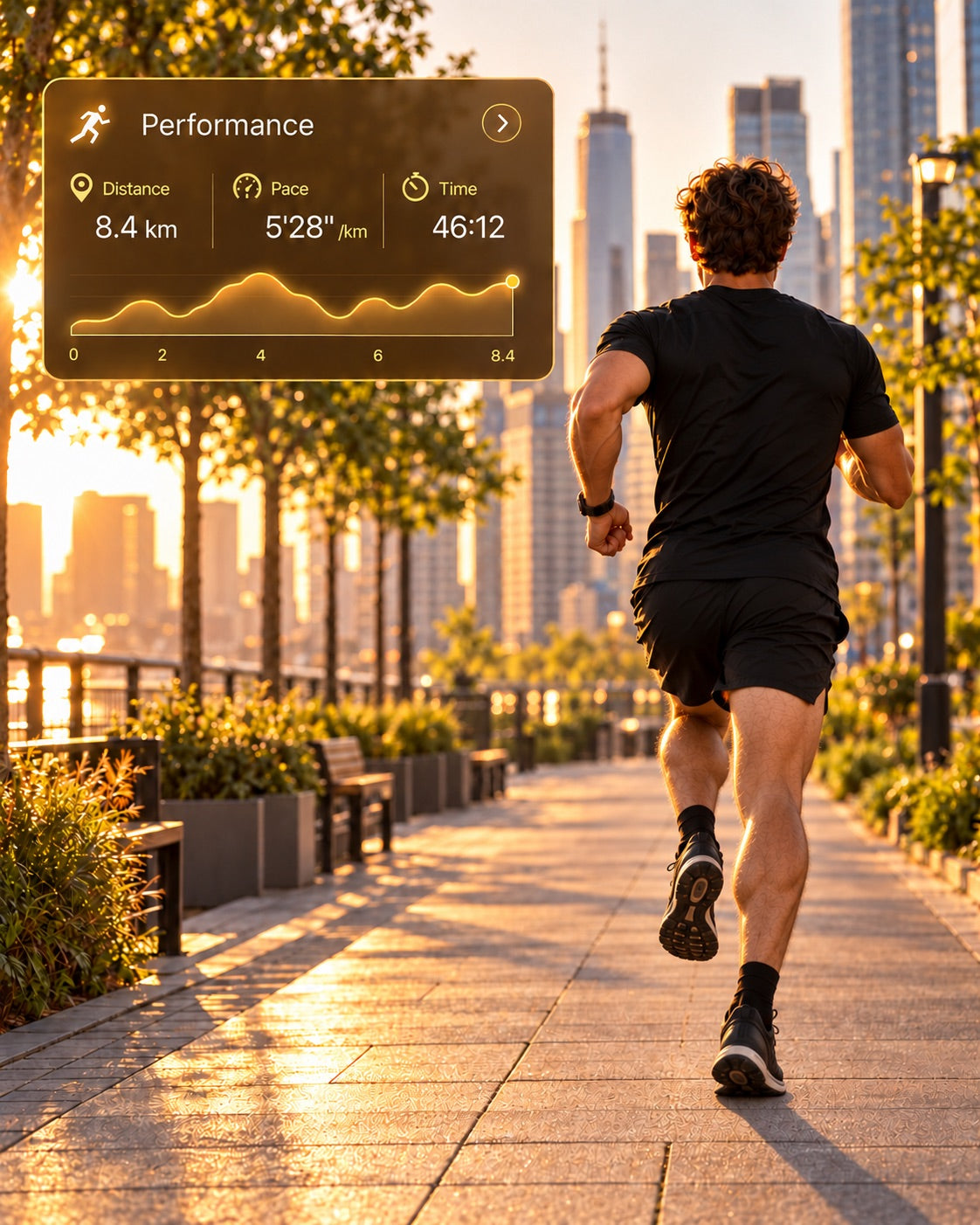 Man running along a city waterfront at sunrise, with a Nara performance overlay