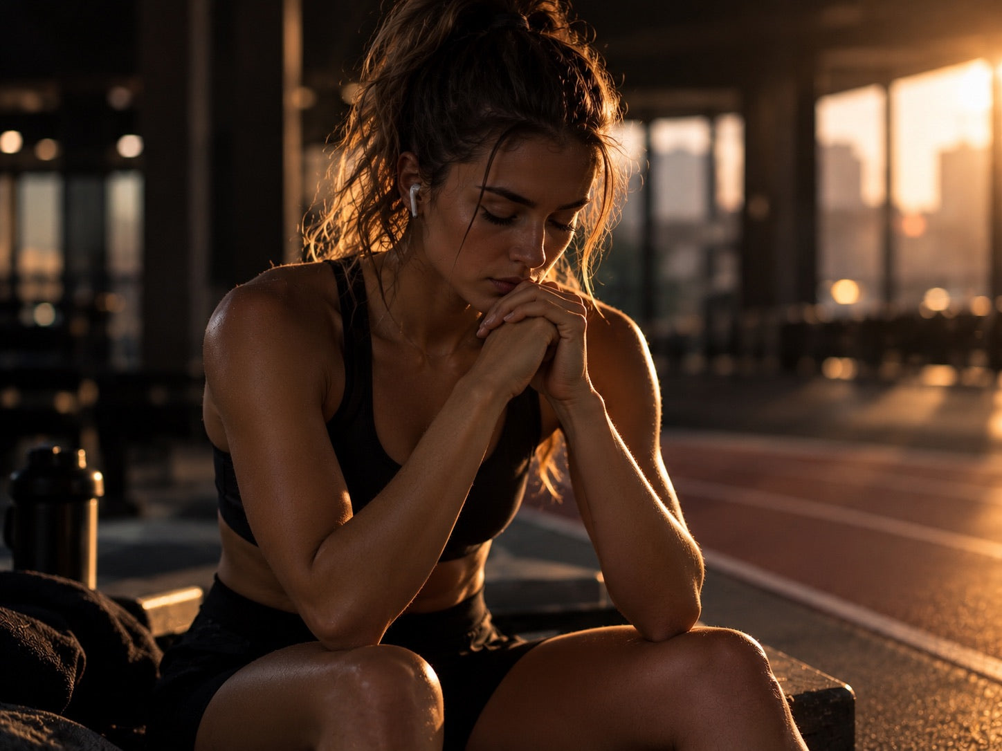 Woman sitting in a gym with her eyes closed, wearing earbuds