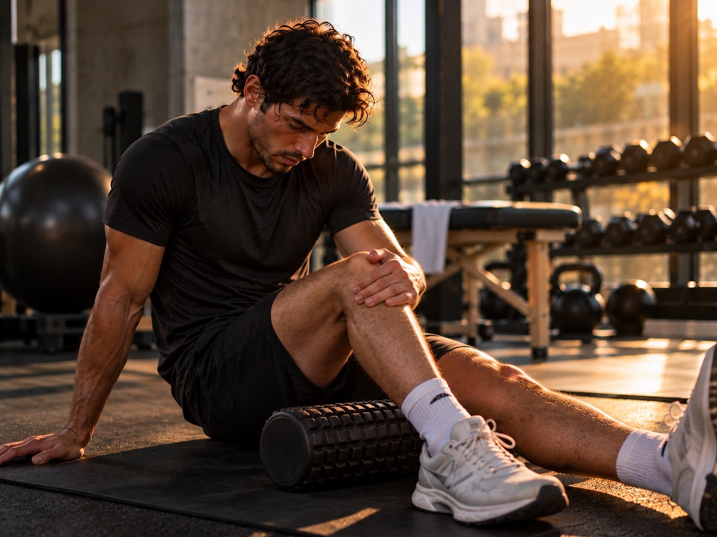Man sitting on a gym floor using a foam roller on his calf