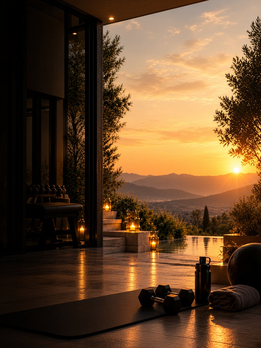Sunset terrace with a yoga mat, dumbbells, and a water bottle set out for a home workout