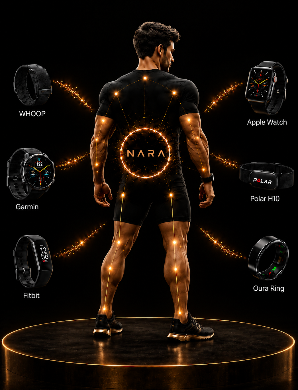 A man standing among connected wearables, with gold signal lines around him