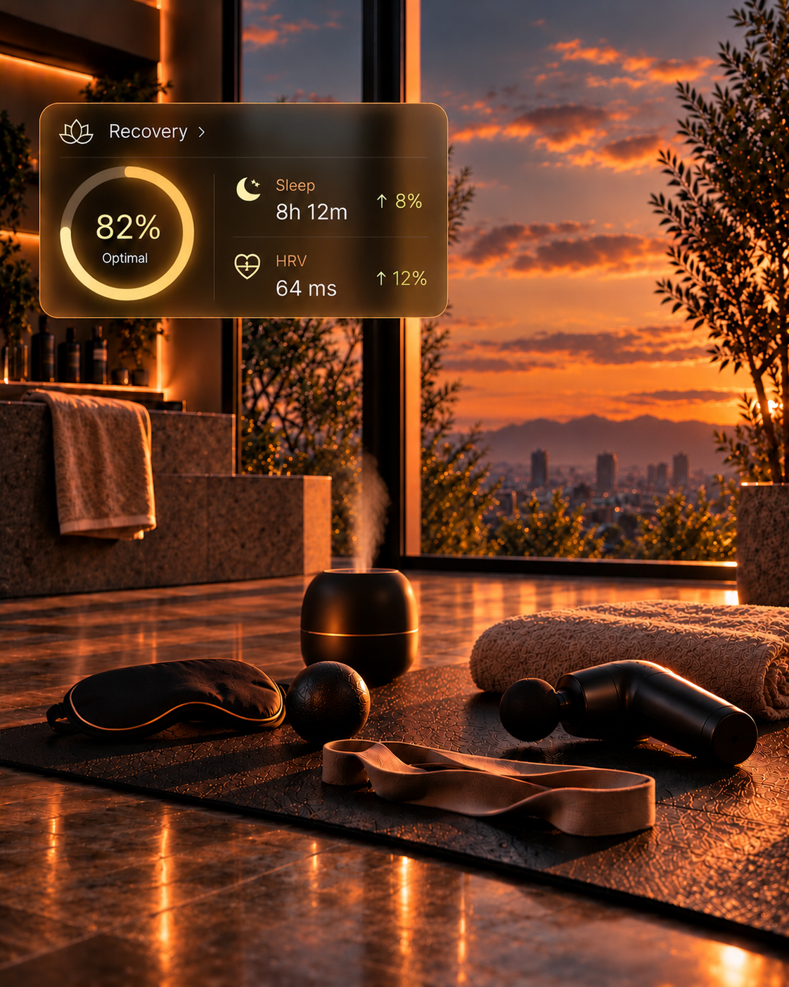 Spa recovery setup at sunset, with a sleep mask, massage gun, and a Nara recovery overlay